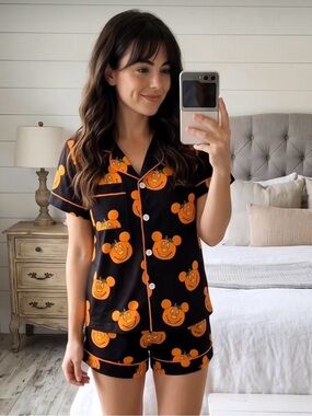 Black & Orange Printed Short Pajama Set - Women's Sleepwear XL